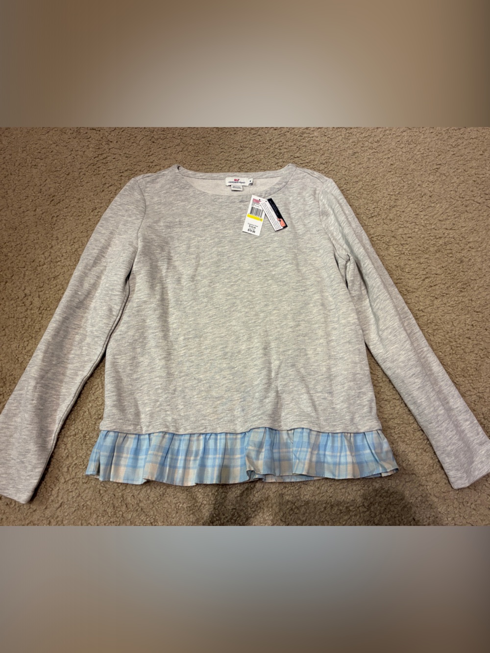 Vineyard Vines Light Gray Long Sleeve Top with Blue Plaid Ruffle